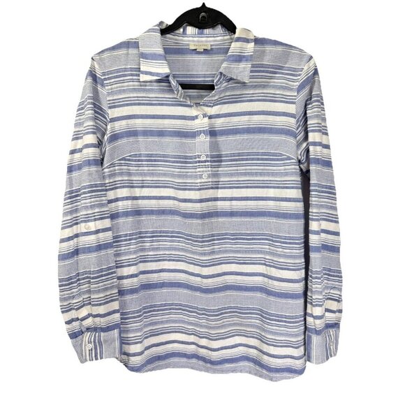 Talbots Tops - Talbots Roll Tab Sleeve Top Womens Small Blue White Stripe Collared Cotton EUC